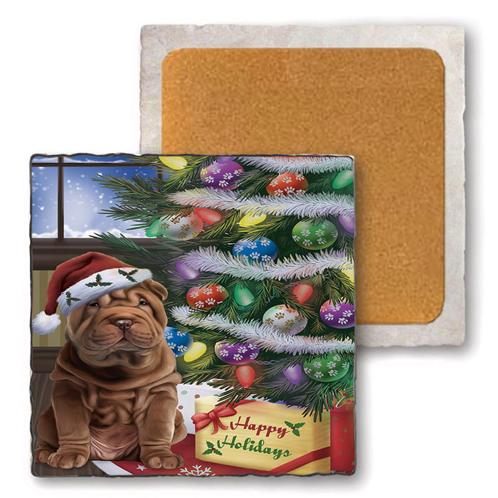 Christmas Happy Holidays Shar Pei Dog with Tree and Presents Set of 4 Natural Stone Marble Tile Coasters MCST48856