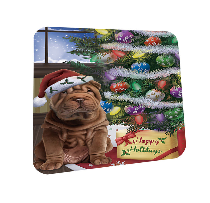 Christmas Happy Holidays Shar Pei Dog with Tree and Presents Coasters Set of 4 CST53814