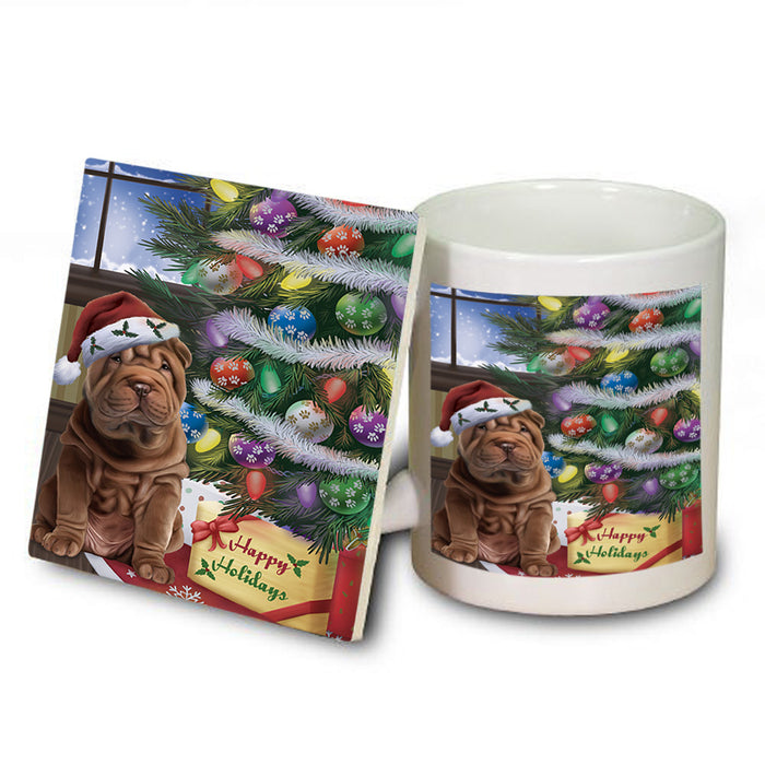 Christmas Happy Holidays Shar Pei Dog with Tree and Presents Mug and Coaster Set MUC53848