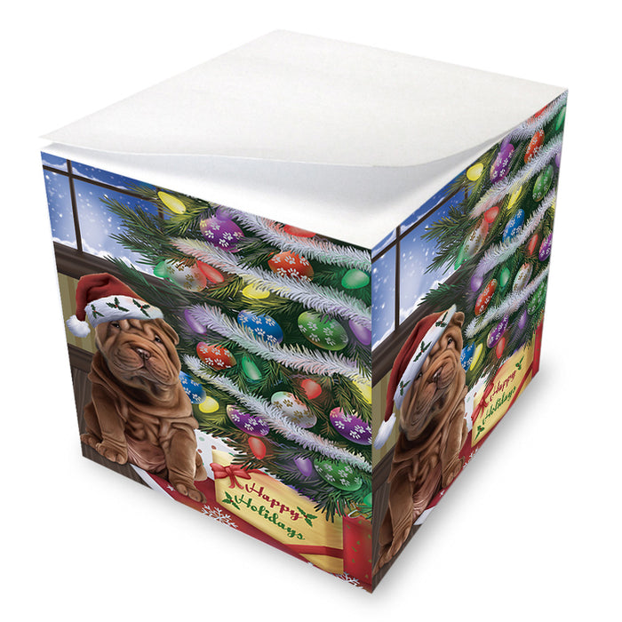 Christmas Happy Holidays Shar Pei Dog with Tree and Presents Note Cube NOC55502