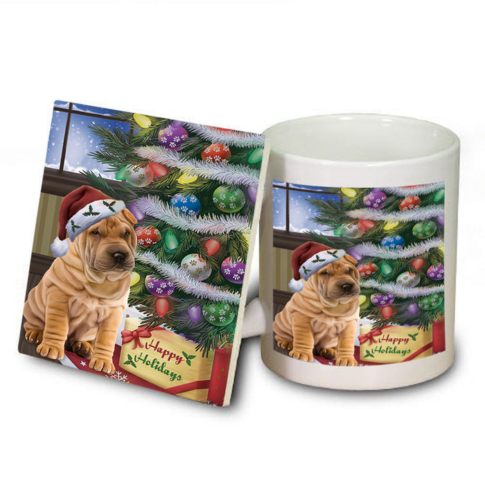 Christmas Happy Holidays Shar Pei Dog with Tree and Presents Mug and Coaster Set MUC53849