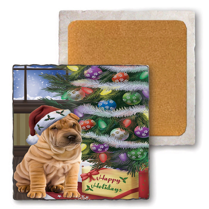 Christmas Happy Holidays Shar Pei Dog with Tree and Presents Set of 4 Natural Stone Marble Tile Coasters MCST48857