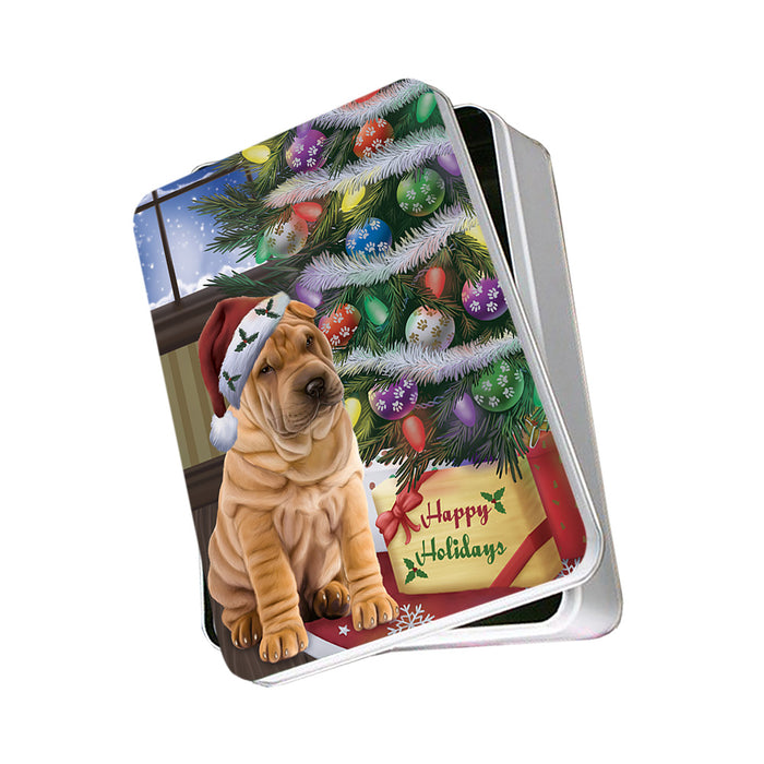 Christmas Happy Holidays Shar Pei Dog with Tree and Presents Photo Storage Tin PITN53800