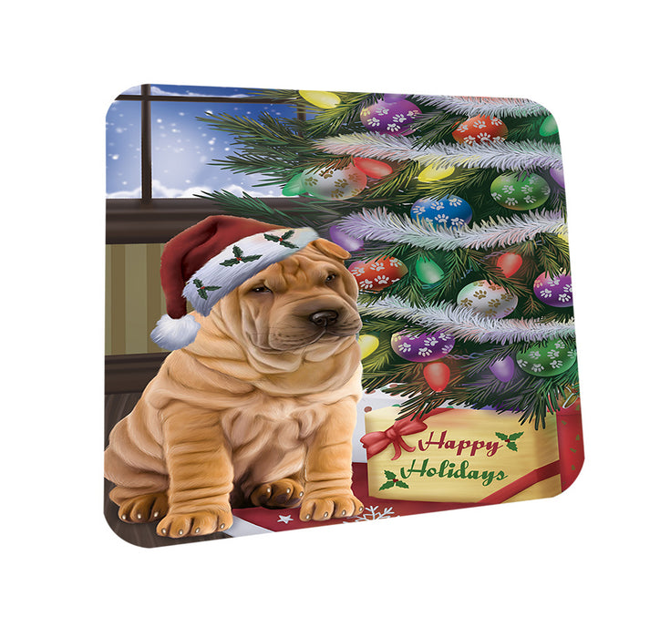Christmas Happy Holidays Shar Pei Dog with Tree and Presents Coasters Set of 4 CST53815