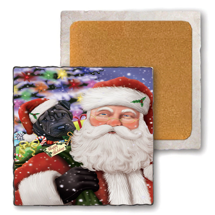 Santa Carrying Shar Pei Dog and Christmas Presents Set of 4 Natural Stone Marble Tile Coasters MCST49014