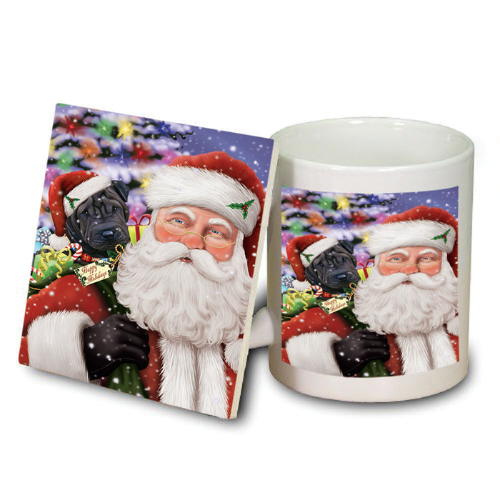 Santa Carrying Shar Pei Dog and Christmas Presents Mug and Coaster Set MUC54006