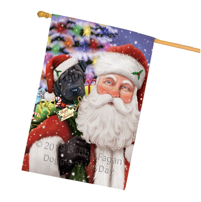 Santa Carrying Shar Pei Dog and Christmas Presents House Flag FLG54212