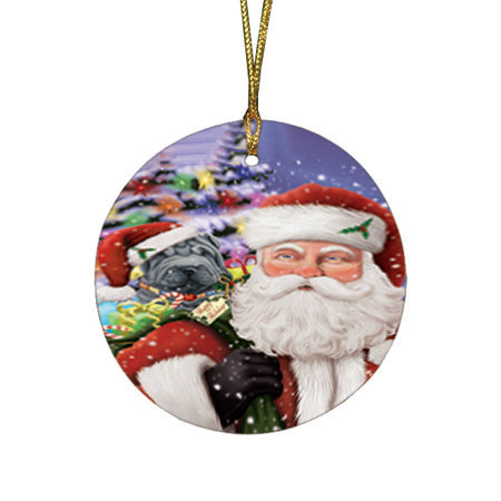 Santa Carrying Shar Pei Dog and Christmas Presents Round Flat Christmas Ornament RFPOR54006