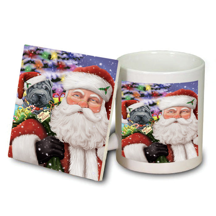 Santa Carrying Shar Pei Dog and Christmas Presents Mug and Coaster Set MUC54007