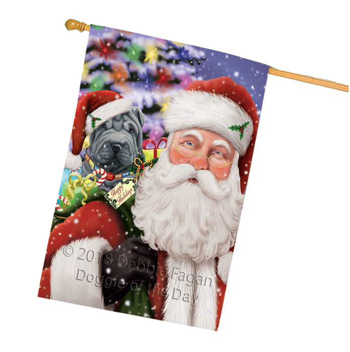 Santa Carrying Shar Pei Dog and Christmas Presents House Flag FLG54213
