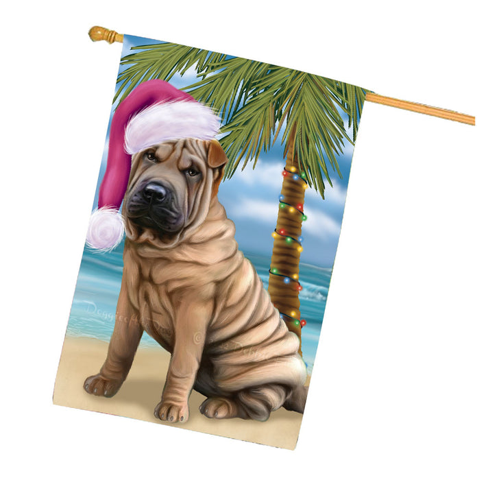 Christmas Summertime Beach Shar Pei Dog House Flag Outdoor Decorative Double Sided Pet Portrait Weather Resistant Premium Quality Animal Printed Home Decorative Flags 100% Polyester FLG68794