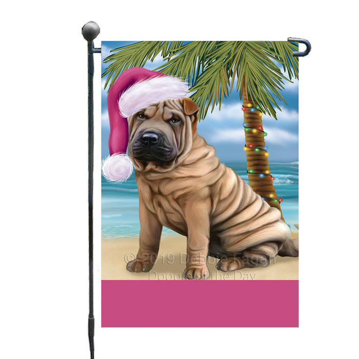 Personalized Summertime Happy Holidays Christmas Shar Pei Dog on Tropical Island Beach  Custom Garden Flags GFLG-DOTD-A60533