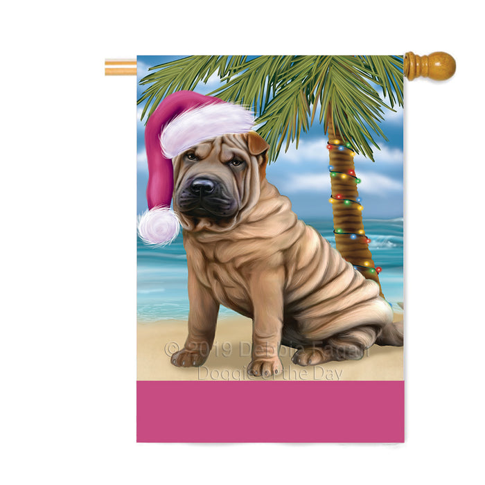 Personalized Summertime Happy Holidays Christmas Shar Pei Dog on Tropical Island Beach Custom House Flag FLG-DOTD-A60589