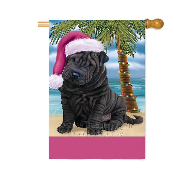 Personalized Summertime Happy Holidays Christmas Shar Pei Dog on Tropical Island Beach Custom House Flag FLG-DOTD-A60590