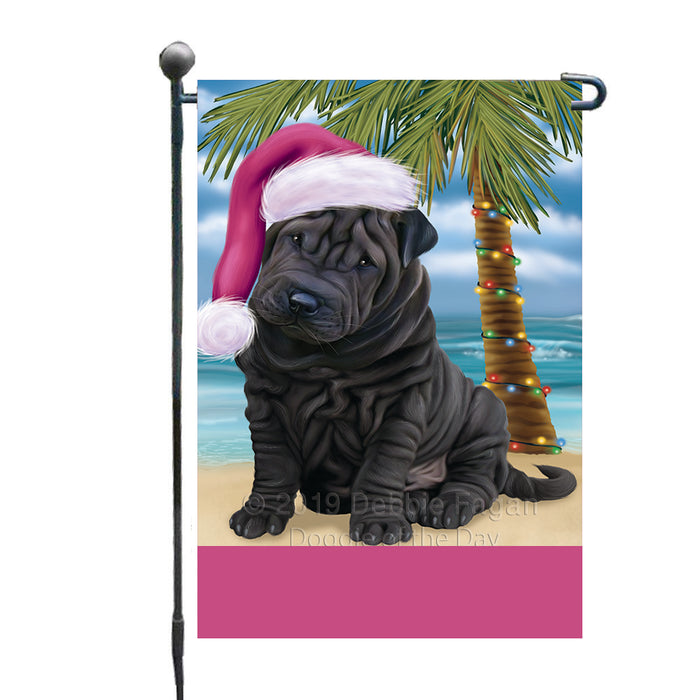 Personalized Summertime Happy Holidays Christmas Shar Pei Dog on Tropical Island Beach  Custom Garden Flags GFLG-DOTD-A60534