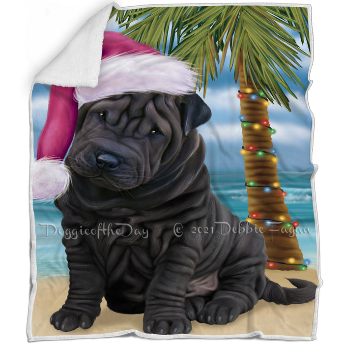 Summertime Happy Holidays Christmas Shar Pei Dog on Tropical Island Beach Blanket
