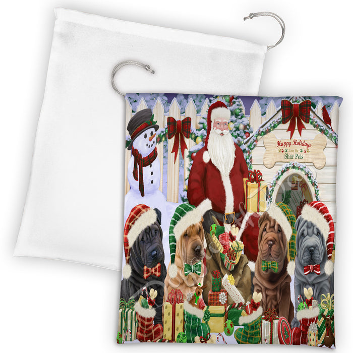 Happy Holidays Christmas Shar Pei Dogs House Gathering Drawstring Laundry or Gift Bag LGB48077