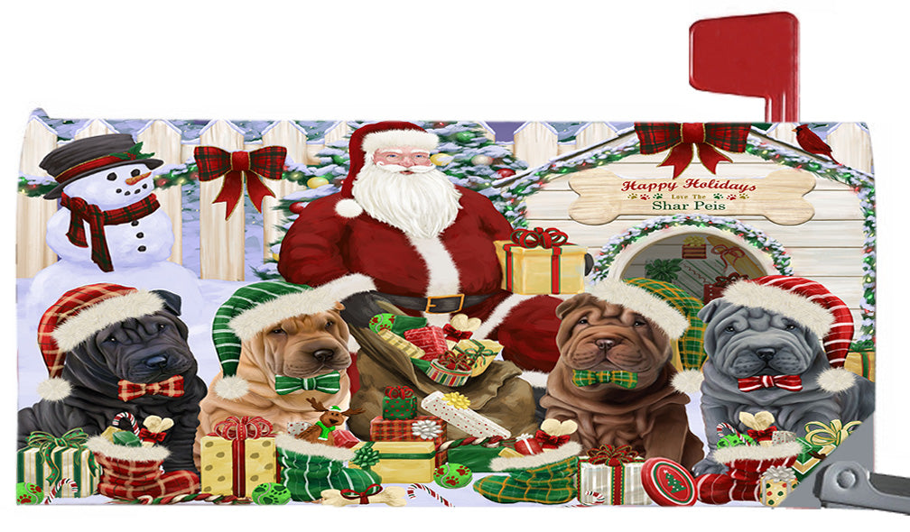 Happy Holidays Christmas Shar Pei Dogs House Gathering 6.5 x 19 Inches Magnetic Mailbox Cover Post Box Cover Wraps Garden Yard Décor MBC48843