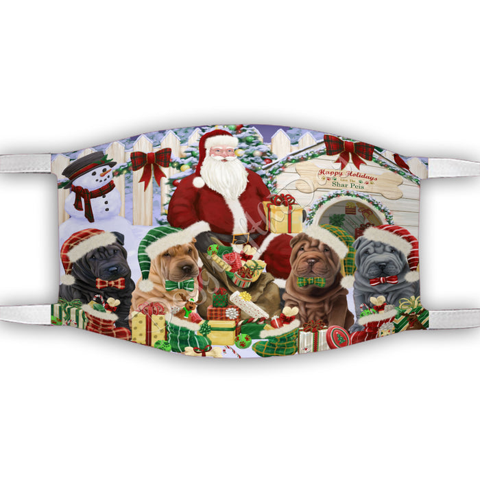 Happy Holidays Christmas Shar Pei Dogs House Gathering Face Mask FM48279