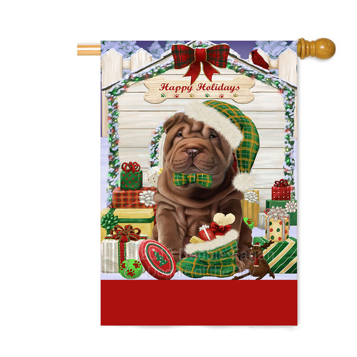Personalized Happy Holidays Christmas Shar Pei Dog House with Presents Custom House Flag FLG-DOTD-A59427