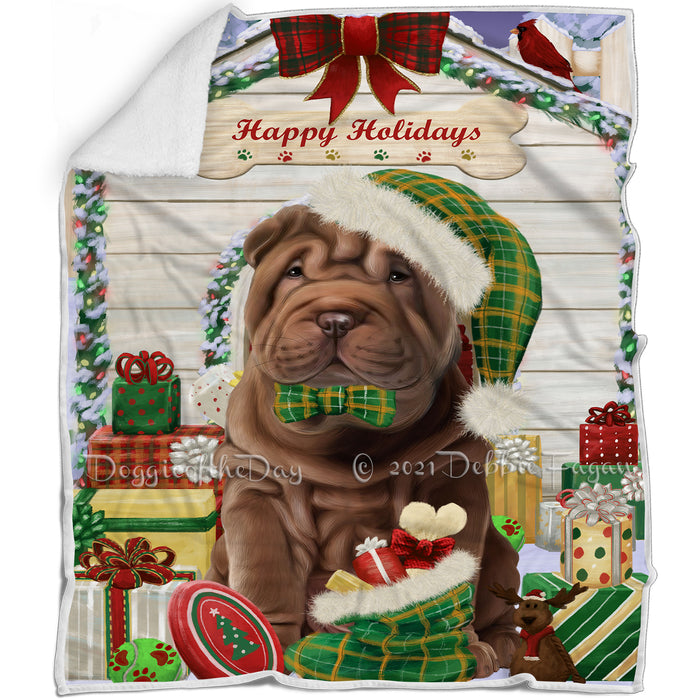 Happy Holidays Christmas Shar Pei Dog House with Presents Blanket BLNKT80220