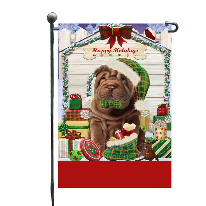 Personalized Happy Holidays Christmas Shar Pei Dog House with Presents Custom Garden Flags GFLG-DOTD-A59371