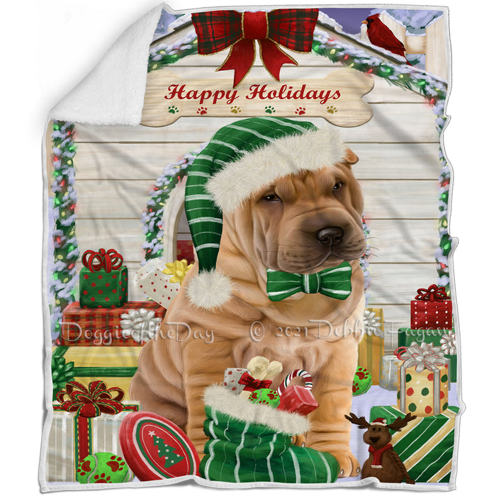 Happy Holidays Christmas Shar Pei Dog House with Presents Blanket BLNKT80229