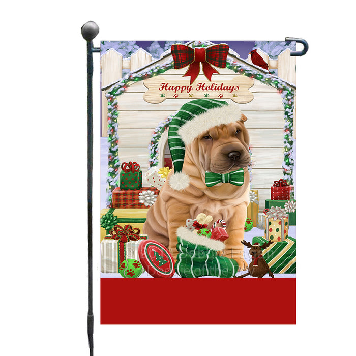 Personalized Happy Holidays Christmas Shar Pei Dog House with Presents Custom Garden Flags GFLG-DOTD-A59372