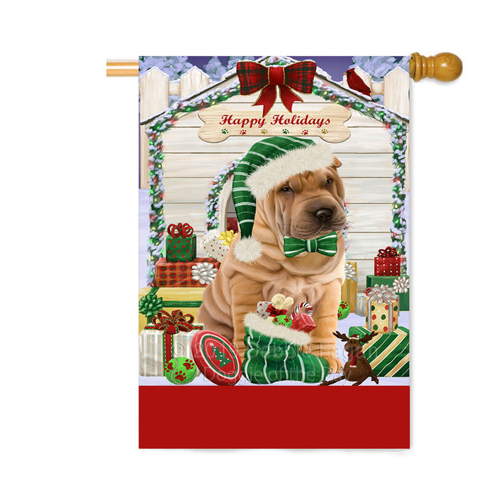 Personalized Happy Holidays Christmas Shar Pei Dog House with Presents Custom House Flag FLG-DOTD-A59428