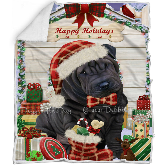 Happy Holidays Christmas Shar Pei Dog House with Presents Blanket BLNKT80238