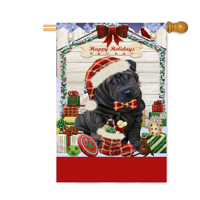 Personalized Happy Holidays Christmas Shar Pei Dog House with Presents Custom House Flag FLG-DOTD-A59429