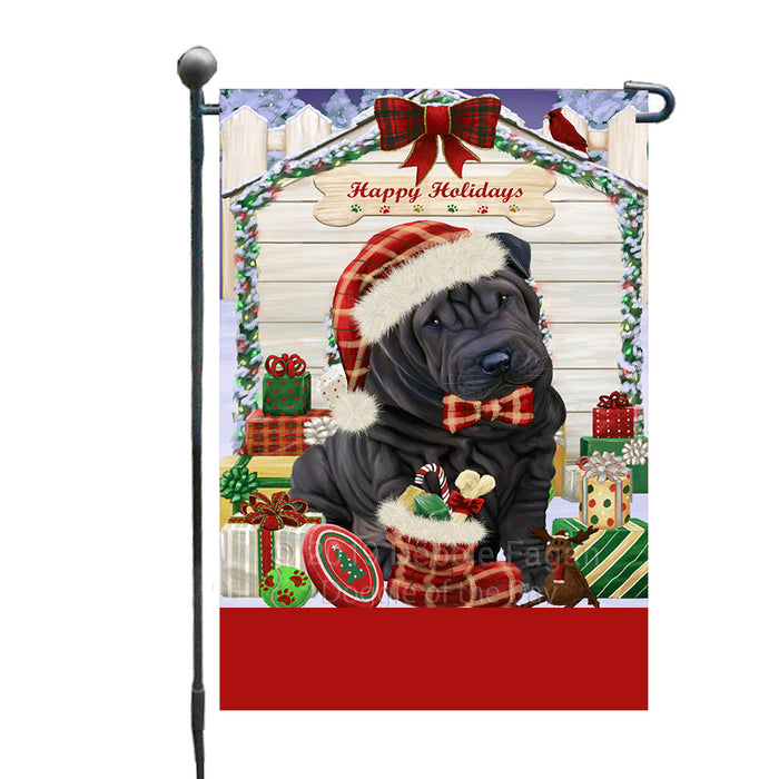 Personalized Happy Holidays Christmas Shar Pei Dog House with Presents Custom Garden Flags GFLG-DOTD-A59373