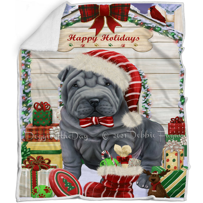 Happy Holidays Christmas Shar Pei Dog House with Presents Blanket BLNKT80247