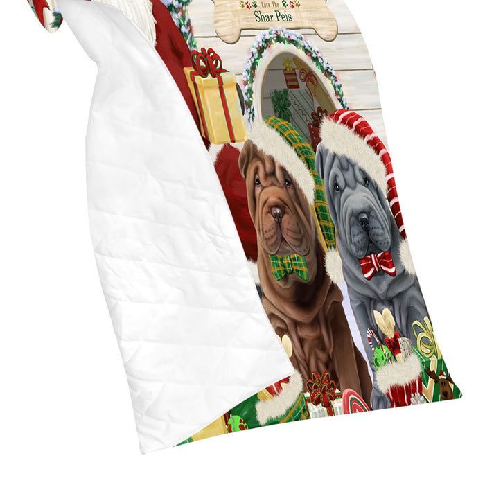 Happy Holidays Christmas Shar Pei Dogs House Gathering Quilt