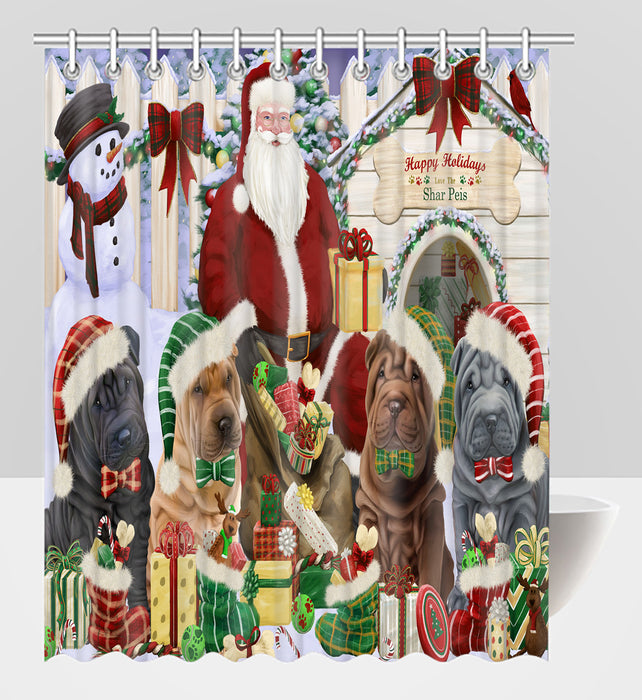 Happy Holidays Christmas Shar Pei Dogs House Gathering Shower Curtain