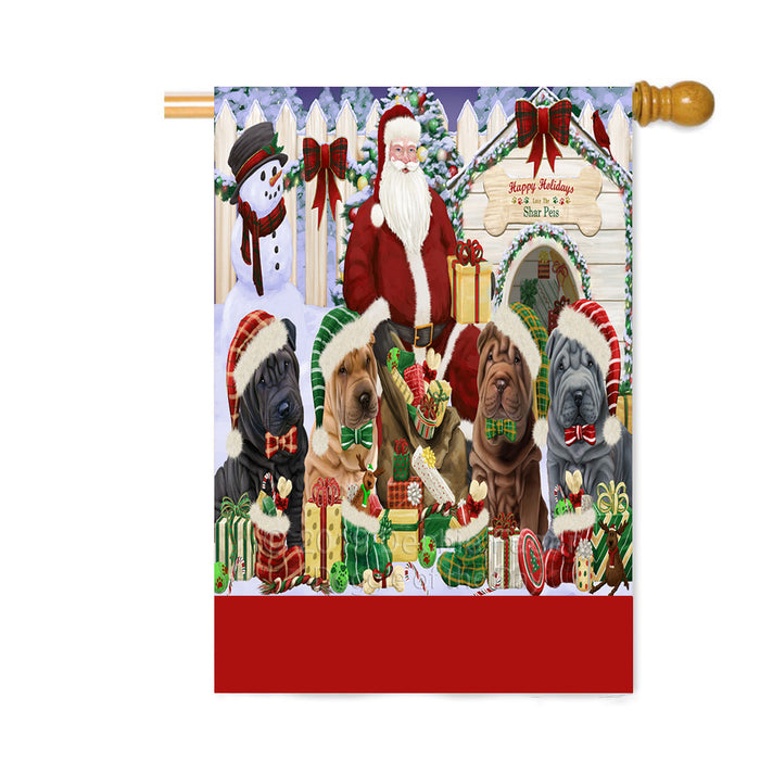 Personalized Happy Holidays Christmas Shar Pei Dogs House Gathering Custom House Flag FLG-DOTD-A58610