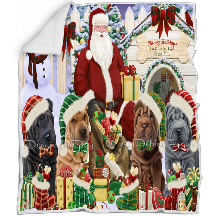 Happy Holidays Christmas Shar Peis Dog House Gathering Blanket BLNKT79932