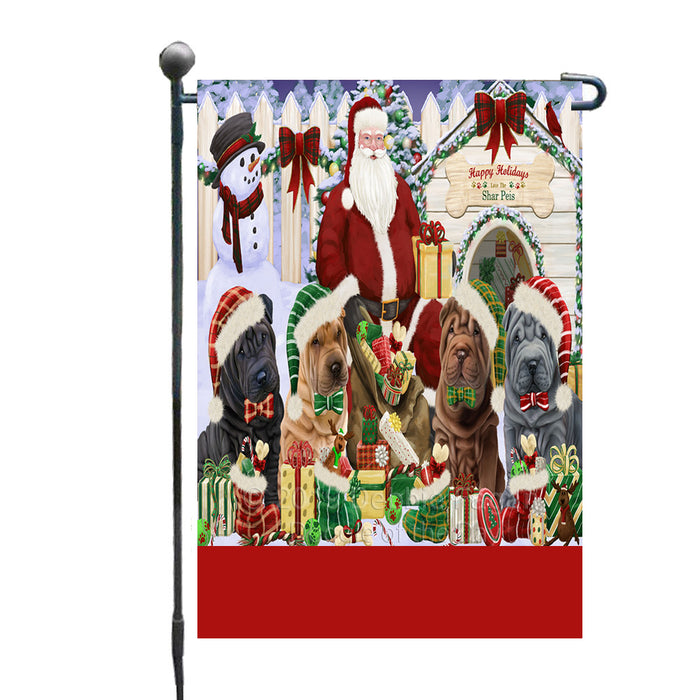 Personalized Happy Holidays Christmas Shar Pei Dogs House Gathering Custom Garden Flags GFLG-DOTD-A58554