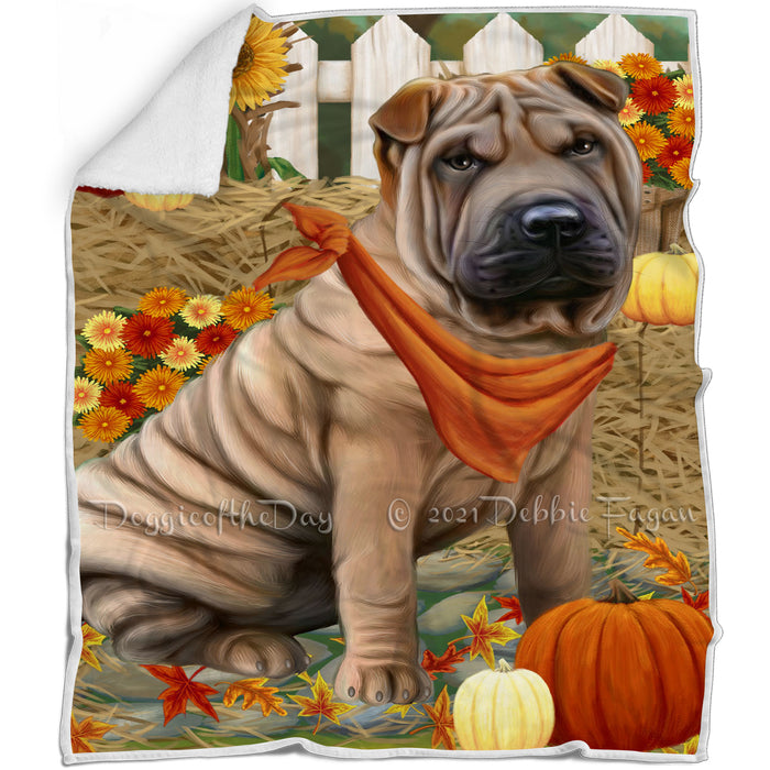 Fall Autumn Greeting Shar Pei Dog with Pumpkins Blanket BLNKT73785
