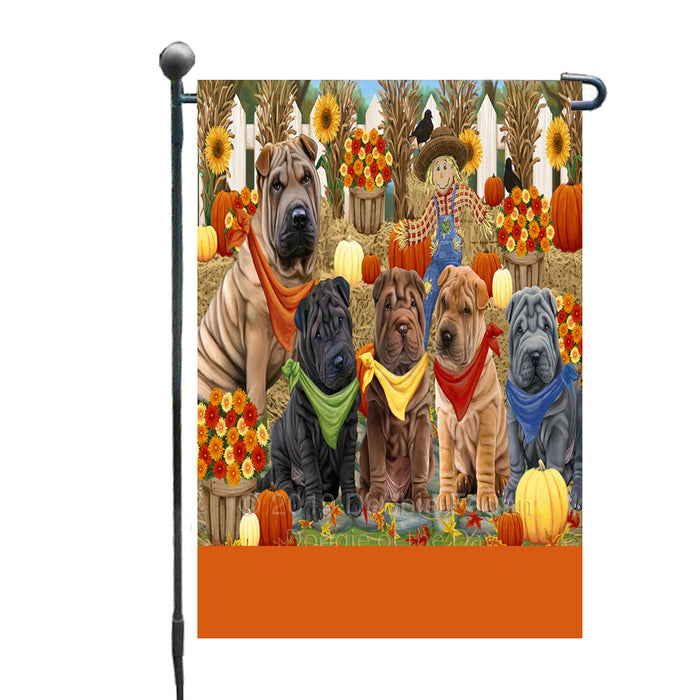 Personalized Fall Festive Gathering Shar Pei Dogs with Pumpkins Custom Garden Flags GFLG-DOTD-A62040