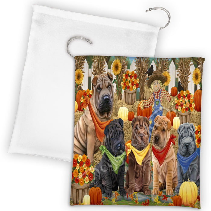 Fall Festive Harvest Time Gathering Shar Pei Dogs Drawstring Laundry or Gift Bag LGB48435