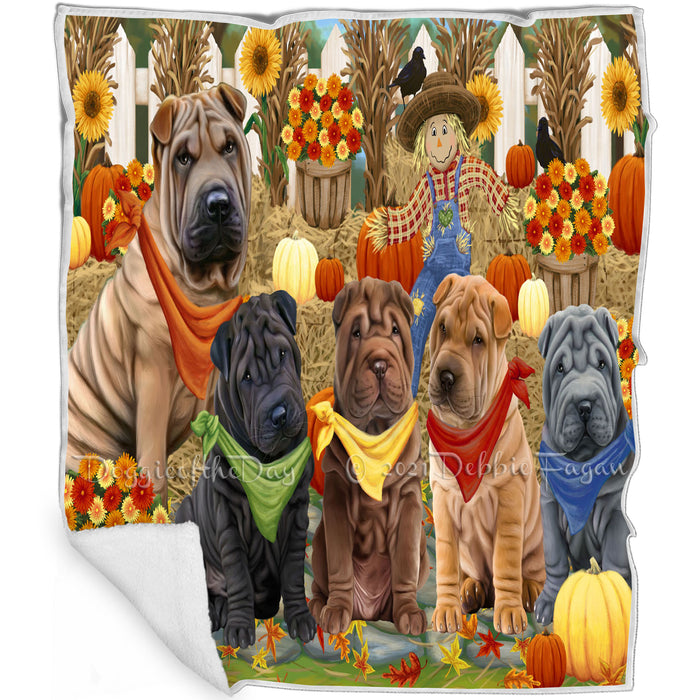 Fall Festive Gathering Shar Peis Dog with Pumpkins Blanket BLNKT73308