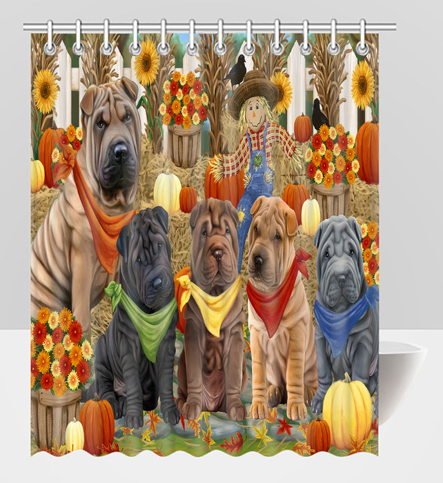 Fall Festive Harvest Time Gathering Shar Pei Dogs Shower Curtain
