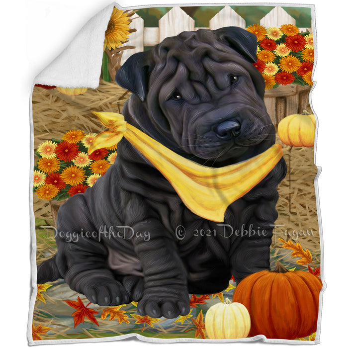 Fall Autumn Greeting Shar Pei Dog with Pumpkins Blanket BLNKT73803