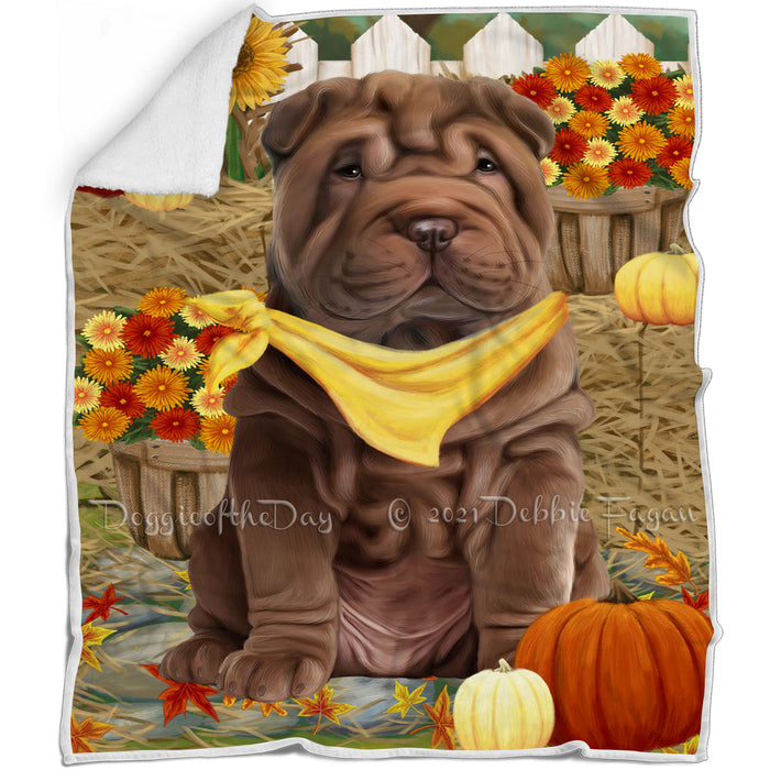Fall Autumn Greeting Shar Pei Dog with Pumpkins Blanket BLNKT73812