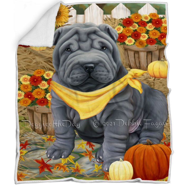 Fall Autumn Greeting Shar Pei Dog with Pumpkins Blanket BLNKT73821