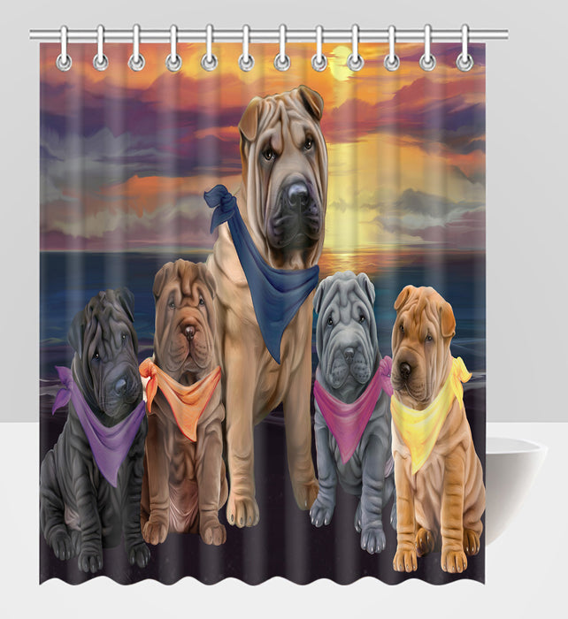 Family Sunset Portrait Shar Pei Dogs Shower Curtain