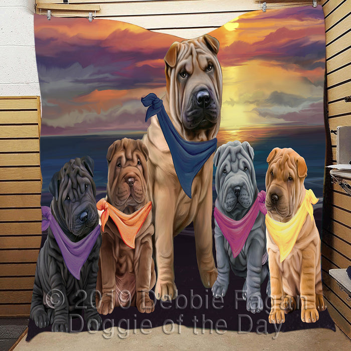 Family Sunset Portrait Shar Pei Dogs Quilt