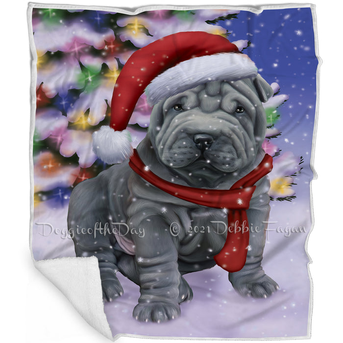 Winterland Wonderland Shar Pei Dog In Christmas Holiday Scenic Background Blanket