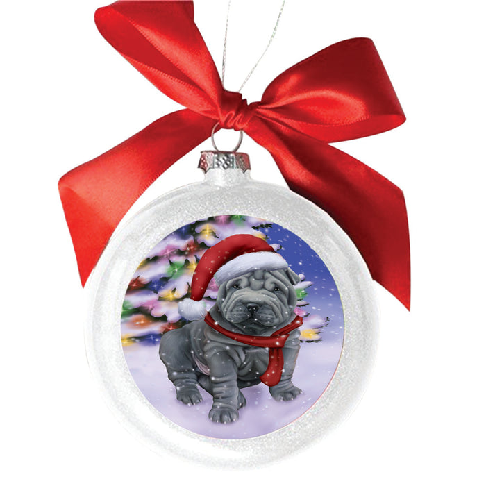 Winterland Wonderland Shar Pei Dog In Christmas Holiday Scenic Background White Round Ball Christmas Ornament WBSOR49636